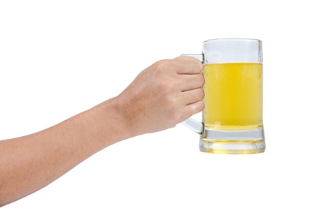 man hand with glass of beer isolated on a white backgroundの写真素材