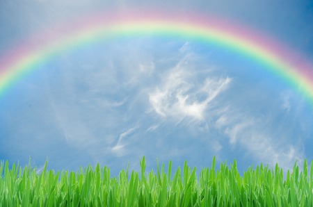 rainbow over blue skyの写真素材