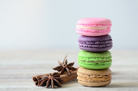 stack of macaron on wooden tableの写真素材
