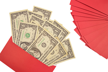 Money Cash in Red Envelope isolated on White Background. Chinese new year themeの写真素材