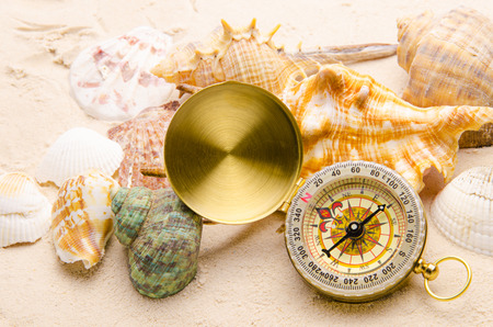compass and sea shells on sandの写真素材