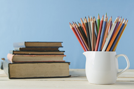 Color pencils on tableの写真素材