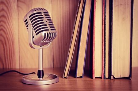 microphone on wooden tableの写真素材