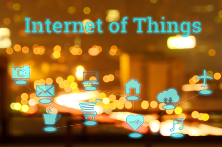 internet of things in night modern city with bokeh backgroundの写真素材