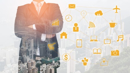 businessman in black suite with confidential sign , internet of things conceptの写真素材