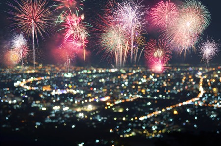 fireworks over night city for happy new year 2017 celebrationの写真素材