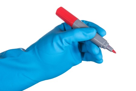 scientist hand in blue glove holding red marker for writing isolated on white backgroundの写真素材