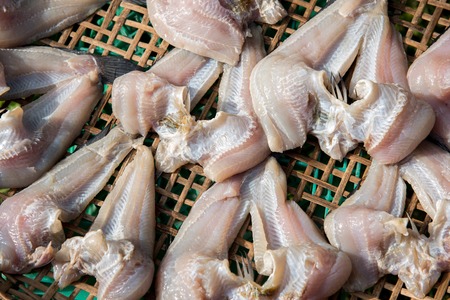 dried fish on bamboo tableの写真素材