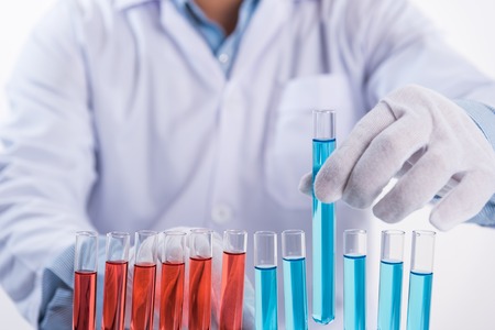 scientist and laboratory test tube on working table, science research conceptの写真素材