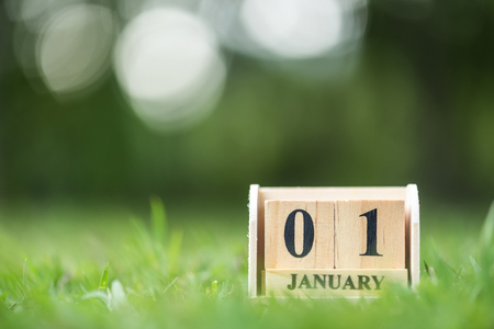 wood cube calendar on 1 january on green grass field , begin of new yearの写真素材