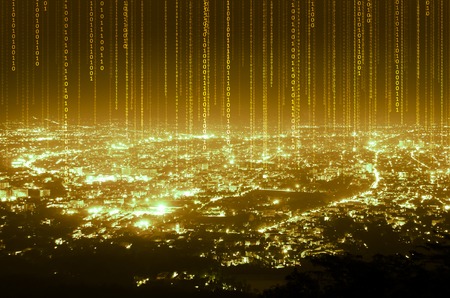 abstract data digital line connection on night city background , gold tone.の写真素材
