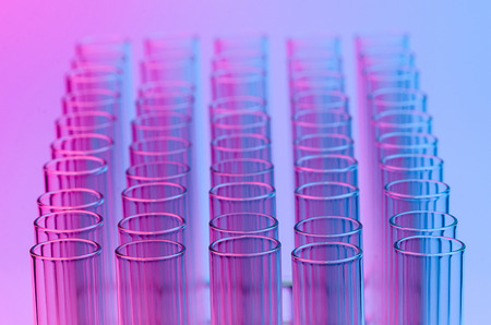 science laboratory test tube , scientist equipemnt for research and analysis in lab , red and blue...