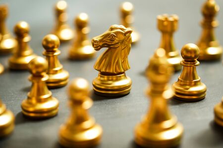 gold chess on black background, focus on knightの写真素材