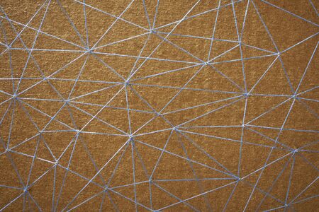 abstract web line connection of color yarn from nail node to node on white background, networking...