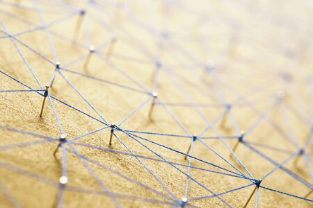 abstract web line connection of color yarn from nail node to node on white background, networking...