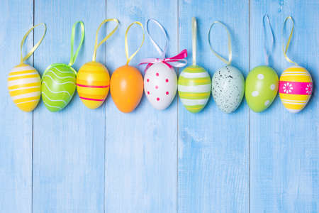 top view of colorful easter eggsの写真素材