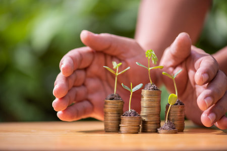 man hand protect the growing stack of coins with plant growing on money . finance and accounting conceptの写真素材