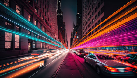 abstract trffic light of car go into the modern city. Generative AIの素材