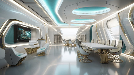 futuristic conference room interior with empty chairs , Generative AIの素材