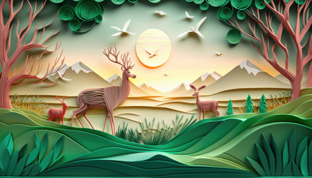 Green nature forest and deers wildlife, Save the world with ecology and environment conservation , Generative AIの素材