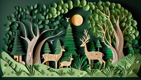Green nature forest and deers wildlife, Save the world with ecology and environment conservation , Generative AIの素材