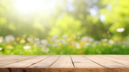 empty table to showcase your product on garden wind angle view background , Generative AIの素材