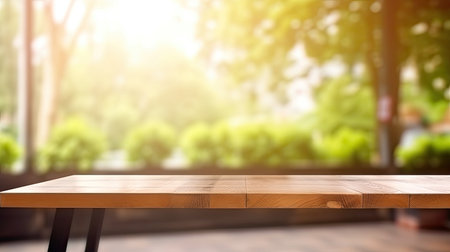 empty table to showcase your product on garden wind angle view background , Generative AIの素材