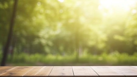 empty table to showcase your product on garden wind angle view background , Generative AIの素材