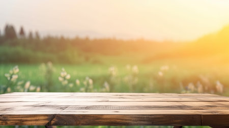empty table to showcase your product on garden wind angle view background , Generative AIの素材