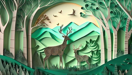 Green nature forest and deers wildlife, Save the world with ecology and environment conservation , Generative AIの素材