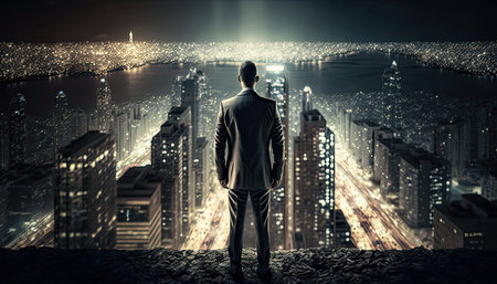 Businessman standing with his back on the rooftop over night modern city , Generative AIの素材