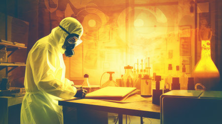 A scientist in a lab analyzing radioactive materials, highlighting the scientific aspects of nuclear energy research and safety.の素材