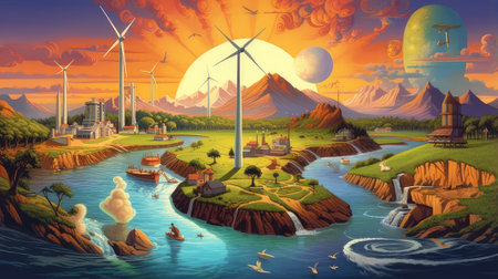 A diverse landscape with icons representing various energy sourcesの素材