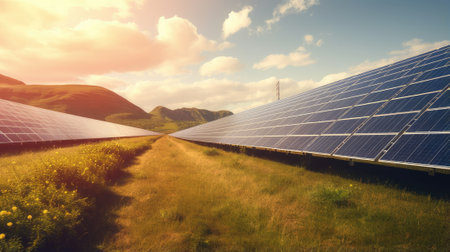 A vast field of solar panels glistening under the sun, depicting the harnessing of solar energy for sustainable power generation.の素材