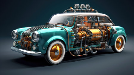 A hybrid car with both a gasoline engine and an electric motor, showcasing the integration of multiple energy sources for transportation.の素材