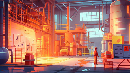 A factory with signs indicating safety protocols, highlighting the importance of maintaining a secure working environment.の素材