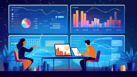 Business analysts studying graphs and charts, illustrating the role of data-driven insights in understanding industry dynamics.の素材