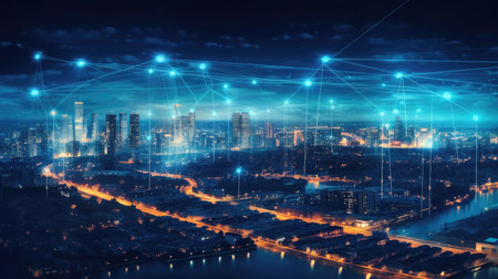 A cityscape with sensors and data lines, representing the concept of a smart city powered by interconnected electric technology.の素材