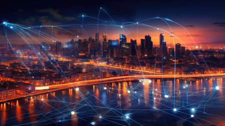 A cityscape with sensors and data lines, representing the concept of a smart city powered by interconnected electric technology.の素材