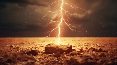 A lightning bolt striking the ground, illustrating the powerful and natural electromagnetic discharge.の素材