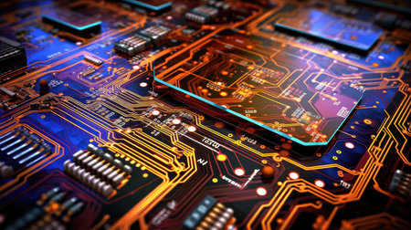 A circuit board with interconnected components, symbolizing the complexity and precision of electrical engineering design.の素材