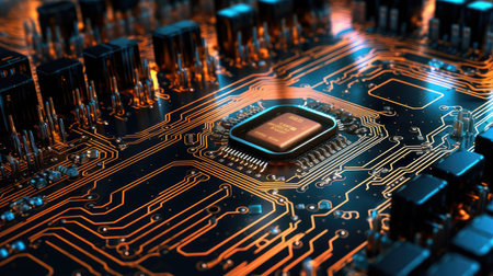 A circuit board with interconnected components, symbolizing the complexity and precision of electrical engineering design.の素材