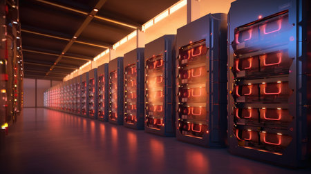 A battery array storing energy from renewable sources, highlighting advancements in energy storage technology.の素材