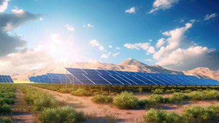 A field of solar panels under a sunny sky, illustrating the capture of solar energy for electricity production.の素材