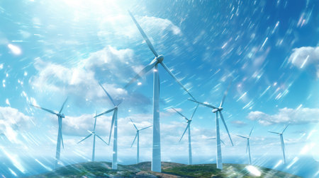 Wind turbines spinning against a backdrop of clean skies, capturing the harnessing of wind energy for renewable power generation.の素材