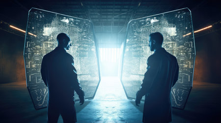 A hacker and a digital shield facing off in a virtual arena, illustrating the ongoing battle between cybersecurity threats and protection.の素材
