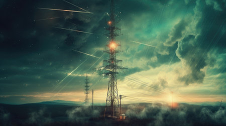 A radio tower transmitting signals across the airwaves, visualizing the transmission of information and ideas over long distances.の素材