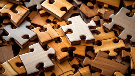 Puzzle pieces of various shapes interlocking to form a complete picture, demonstrating how different components depend on each other for the whole to function.の素材