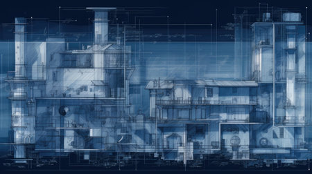 A blueprint evolving into a complex architectural structure, signifying the transition from theoretical concepts to practical applications.の素材