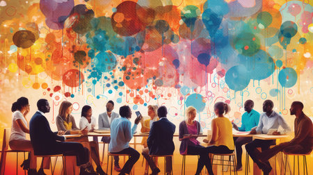 A brainstorming session with people surrounded by colorful thought bubbles, capturing the collaborative nature of idea generation.の素材